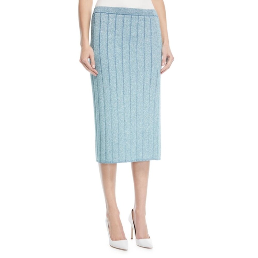 NWOT $350 Sz XS Marc Jacobs Blue Metallic Rib-Knit Pencil Midi Skirt